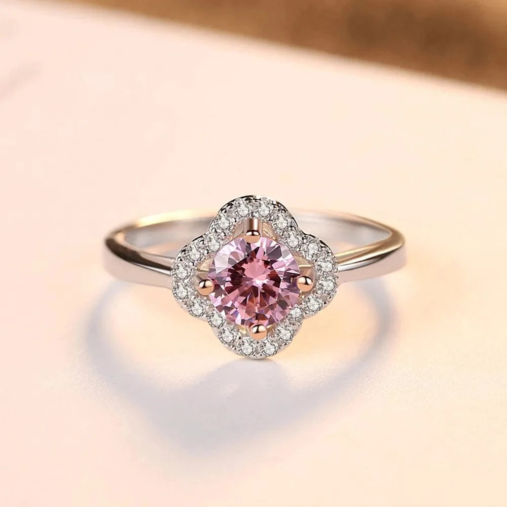 CZCITY Wholesale 925 Silver Flower Shape Wedding Ring With Clear&Pink Zircon Crystal Stone For Women Engagement Party Gift