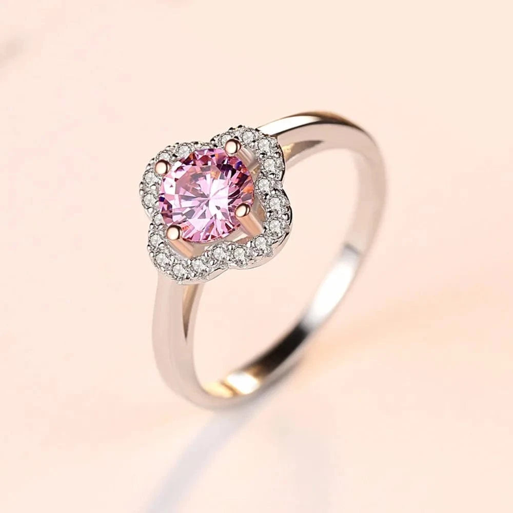 CZCITY Wholesale 925 Silver Flower Shape Wedding Ring With Clear&Pink Zircon Crystal Stone For Women Engagement Party Gift