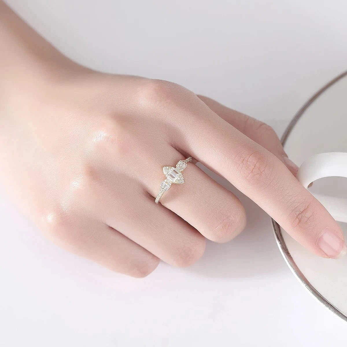 CZCITY Woman Ladies Engagement Sterling Silver Geometric Diamond Jewelry Cubic Zirconia Gold Wedding Ring