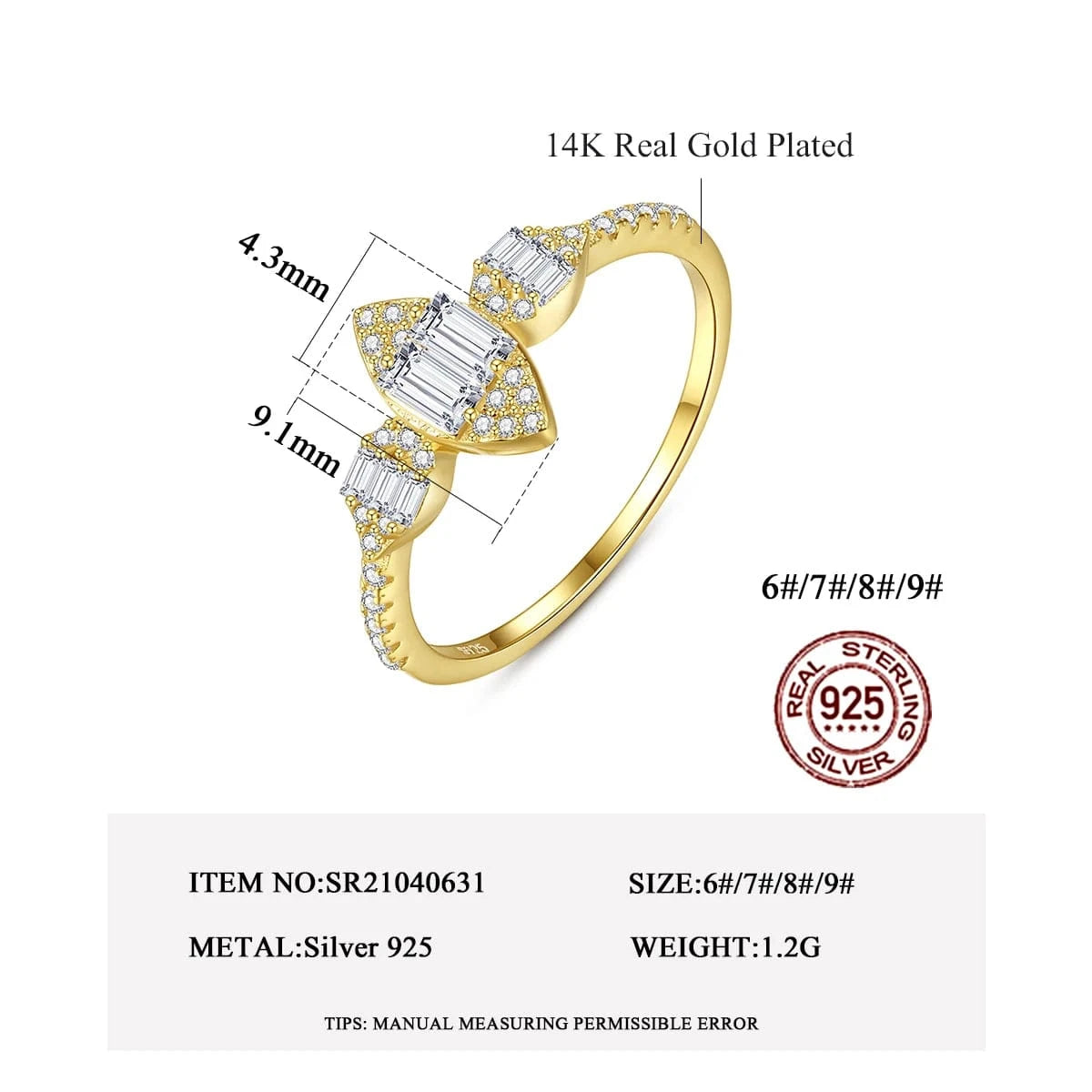 CZCITY Woman Ladies Engagement Sterling Silver Geometric Diamond Jewelry Cubic Zirconia Gold Wedding Ring