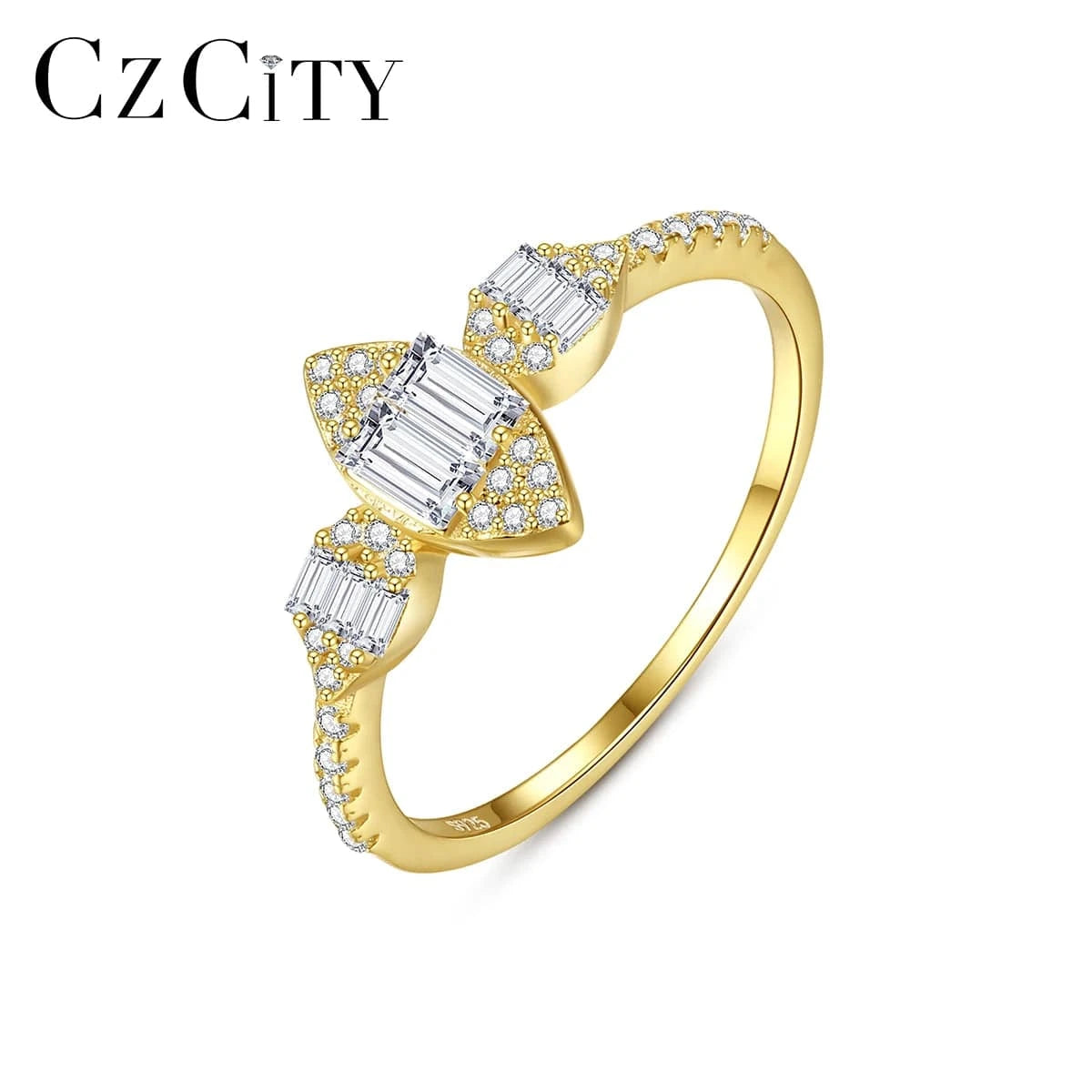 CZCITY Woman Ladies Engagement Sterling Silver Geometric Diamond Jewelry Cubic Zirconia Gold Wedding Ring