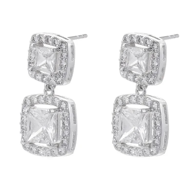 D Luxury Female Green Pink Zircon Crystal Stud Earrings Gold Plated Vintage Geometric Double Square Drop Earrings Women Jewelry