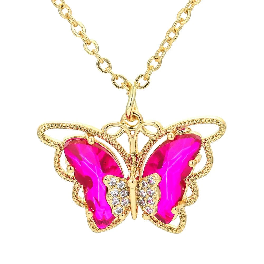 D Popular Multicolor Glass Charm Luxury Woman Statement Lady Collar Butterfly Pendant  Necklace For Party