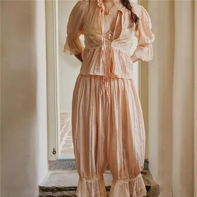 D / S hirigin Women Lace Trim 2 Piece Pajamas Sets Y2k Bow Tie Front Short Sleeve Shirts + Ruffle Flared Lantern Pants Loungewear