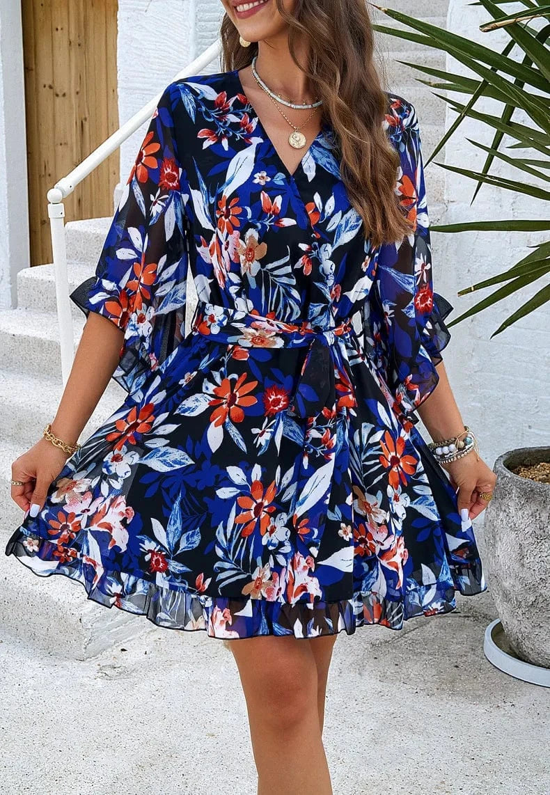 D003 Wholesale 2024 Spring Summer Women Fashion Cute Floral V Neck Short Mini Bohemian Boho Casual Dress for girls