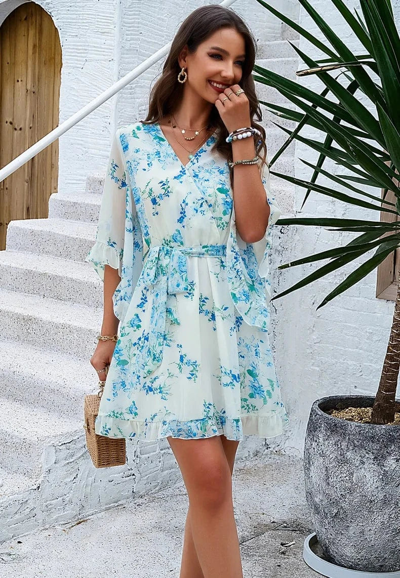 D003 Wholesale 2024 Spring Summer Women Fashion Cute Floral V Neck Short Mini Bohemian Boho Casual Dress for girls