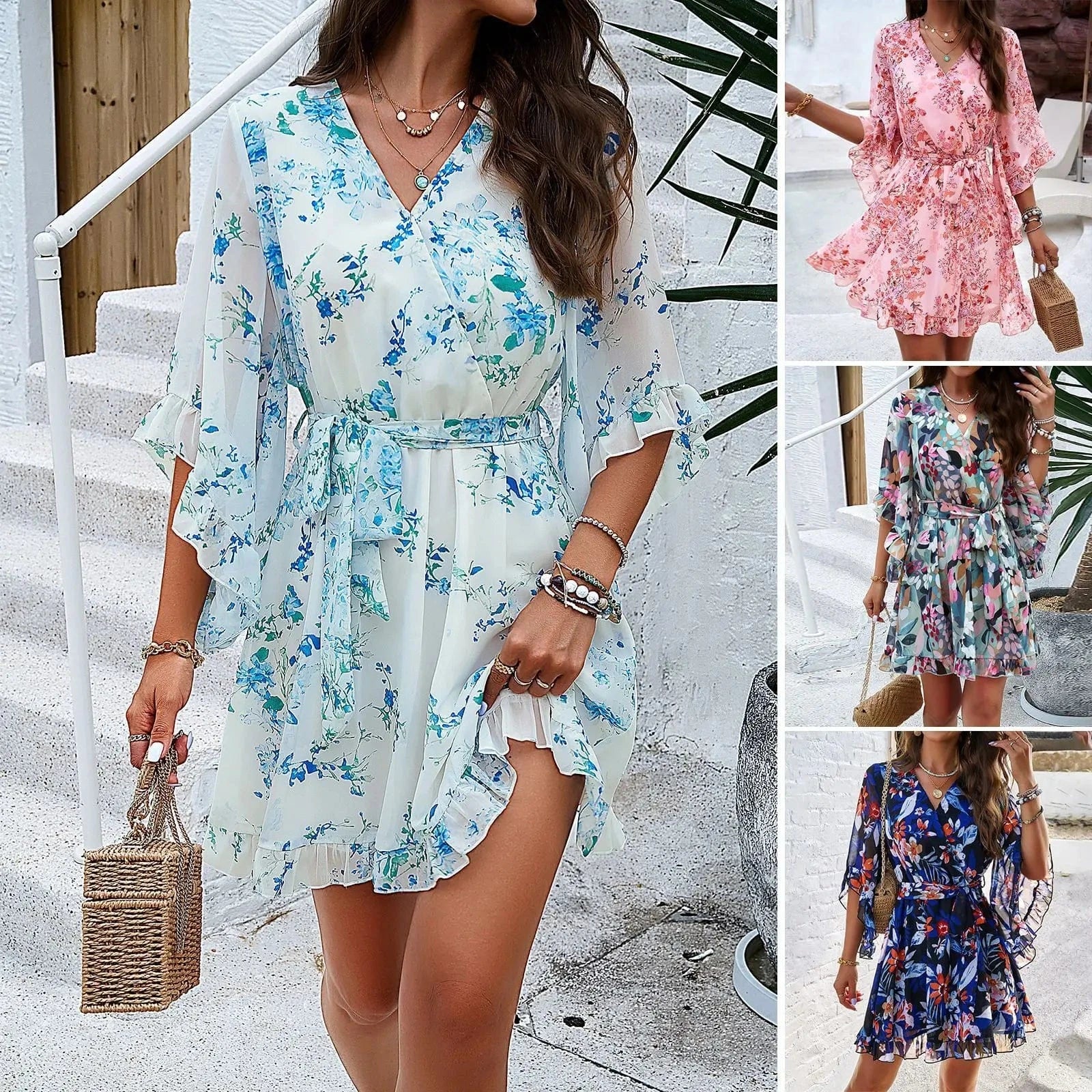 D003 Wholesale 2024 Spring Summer Women Fashion Cute Floral V Neck Short Mini Bohemian Boho Casual Dress for girls