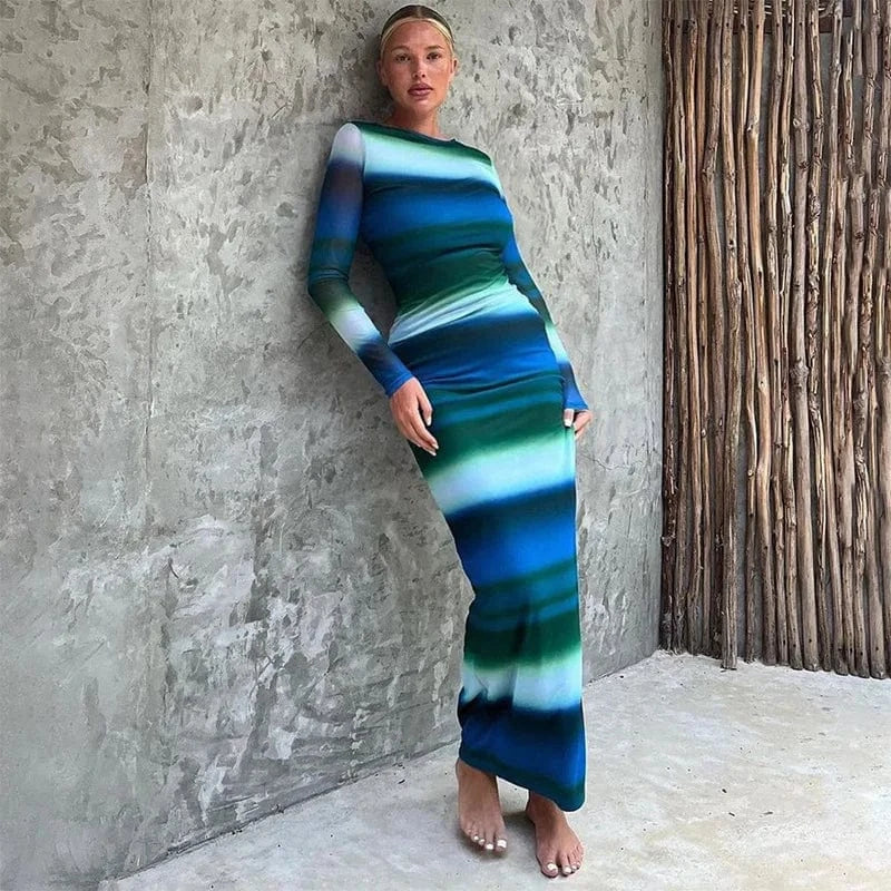 D23ds141 2024 New Fall Fashion Women's Maxi Dress Long Sleeve Striped Print Bodycon Sexy Elegant Dress Woman's Dress