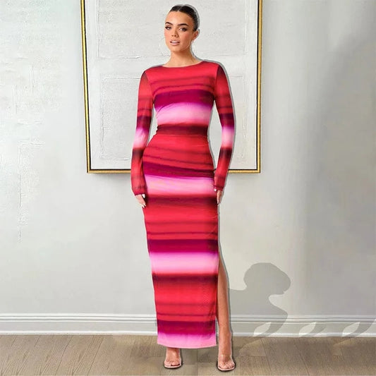 D23ds141 2024 New Fall Fashion Women's Maxi Dress Long Sleeve Striped Print Bodycon Sexy Elegant Dress Woman's Dress