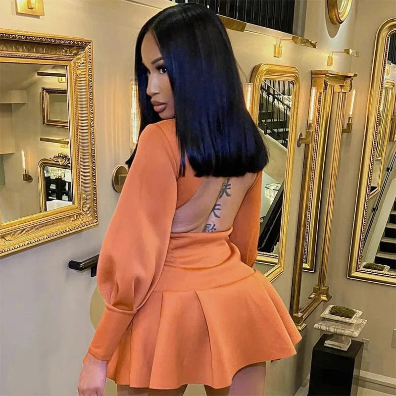 D23ds231 Autumn Winter 2024 New O-neck Long Sleeve Sexy Mini Dress Solid Bodycon Backless Elegant Clothes For Women Lady