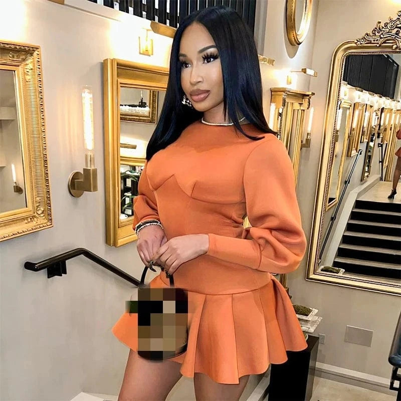 D23ds231 Autumn Winter 2024 New O-neck Long Sleeve Sexy Mini Dress Solid Bodycon Backless Elegant Clothes For Women Lady