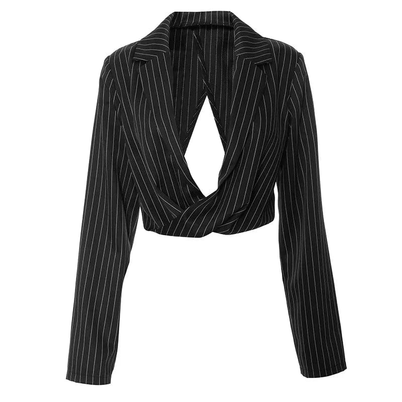 D23tp345 Autumn 2024 New Striped Long Sleeve Turn-down Collar Low Cut Crop Suit Top Loose Casual Outfit Top For Women Lady