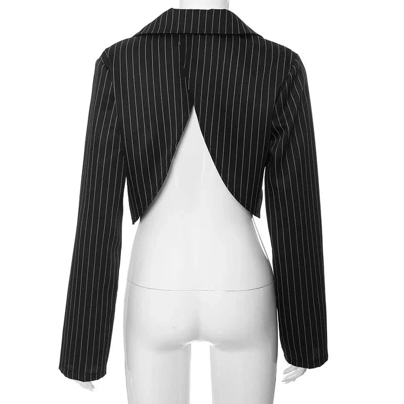 D23tp345 Autumn 2024 New Striped Long Sleeve Turn-down Collar Low Cut Crop Suit Top Loose Casual Outfit Top For Women Lady