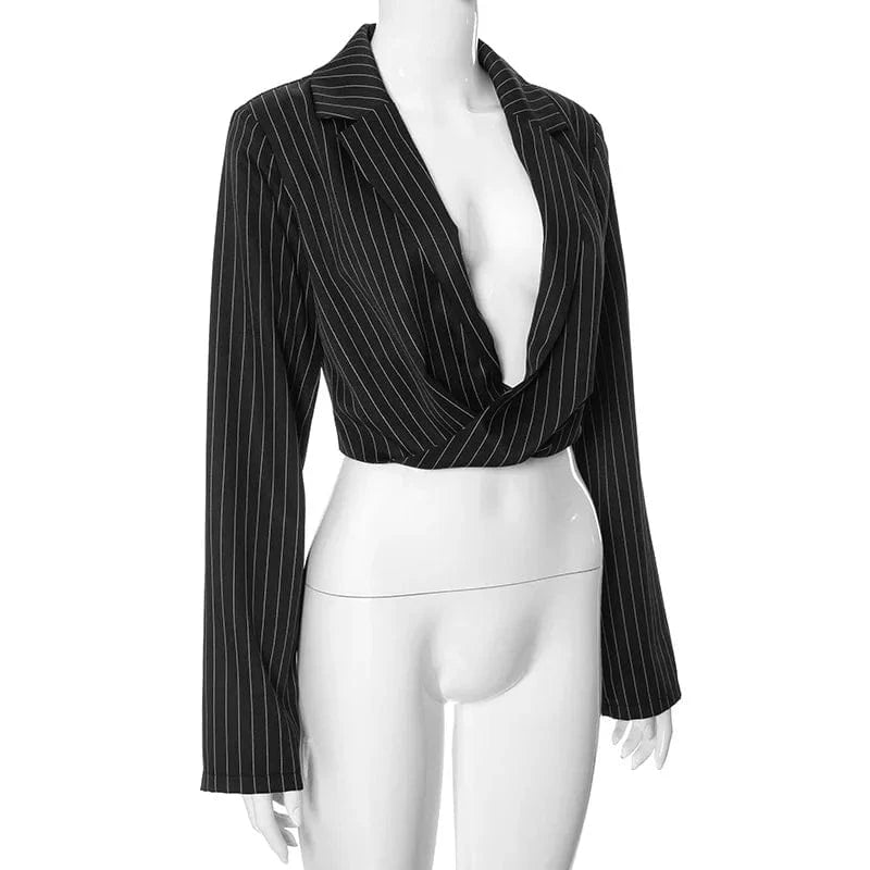 D23tp345 Autumn 2024 New Striped Long Sleeve Turn-down Collar Low Cut Crop Suit Top Loose Casual Outfit Top For Women Lady