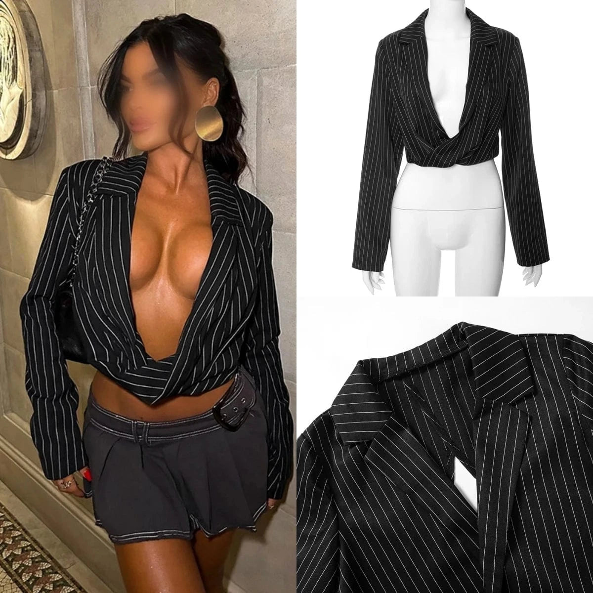 D23tp345 Autumn 2024 New Striped Long Sleeve Turn-down Collar Low Cut Crop Suit Top Loose Casual Outfit Top For Women Lady