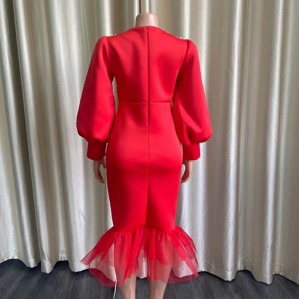 D3082 New Puff Sleeve Mesh Patchwork Fishtail Banquet Dinner Dress Nail Bead Dress Evening Dresses Wholesale Customization