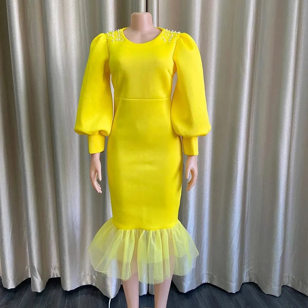 D3082 New Puff Sleeve Mesh Patchwork Fishtail Banquet Dinner Dress Nail Bead Dress Evening Dresses Wholesale Customization