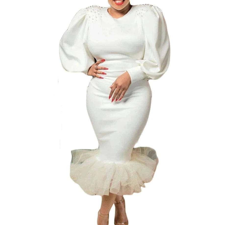 D3082 New Puff Sleeve Mesh Patchwork Fishtail Banquet Dinner Dress Nail Bead Dress Evening Dresses Wholesale Customization