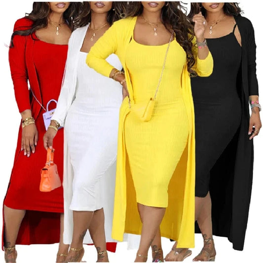D3232 Trendy Autumn Winter Dress Set Casual Dresses Women Lady Elegant Strap Dress And Long Coat Two Piece Set Women Clothing