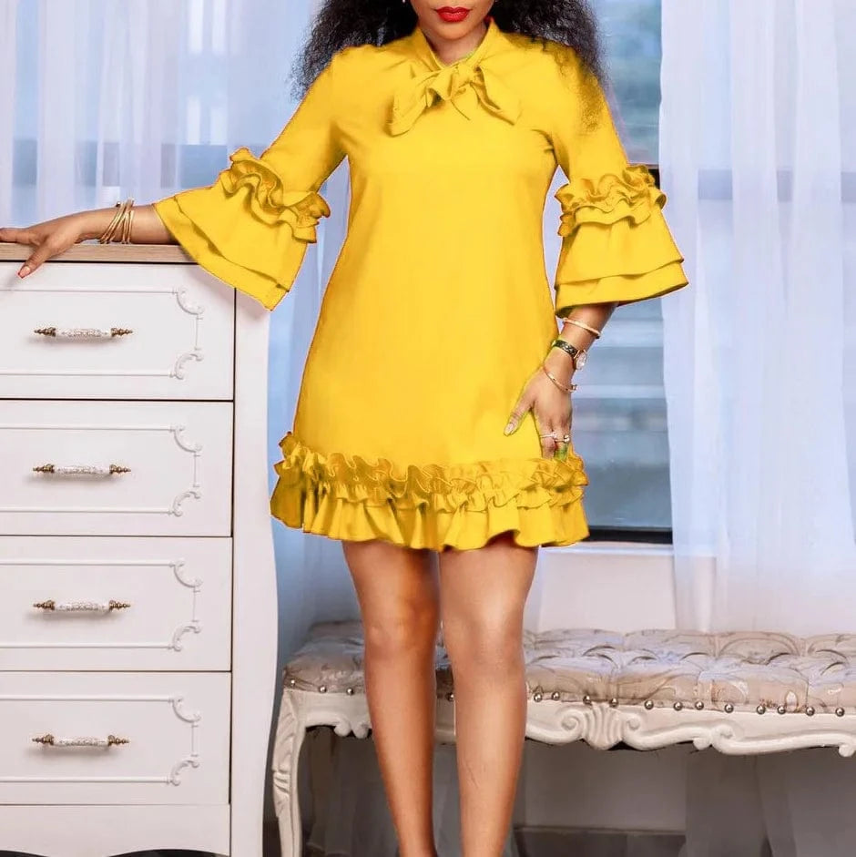 D3248-A1 Latest Design Women Loose Dress Lace Up Ruffle Flare Sleeves A-line Dresses Women Casual Girls Dresses