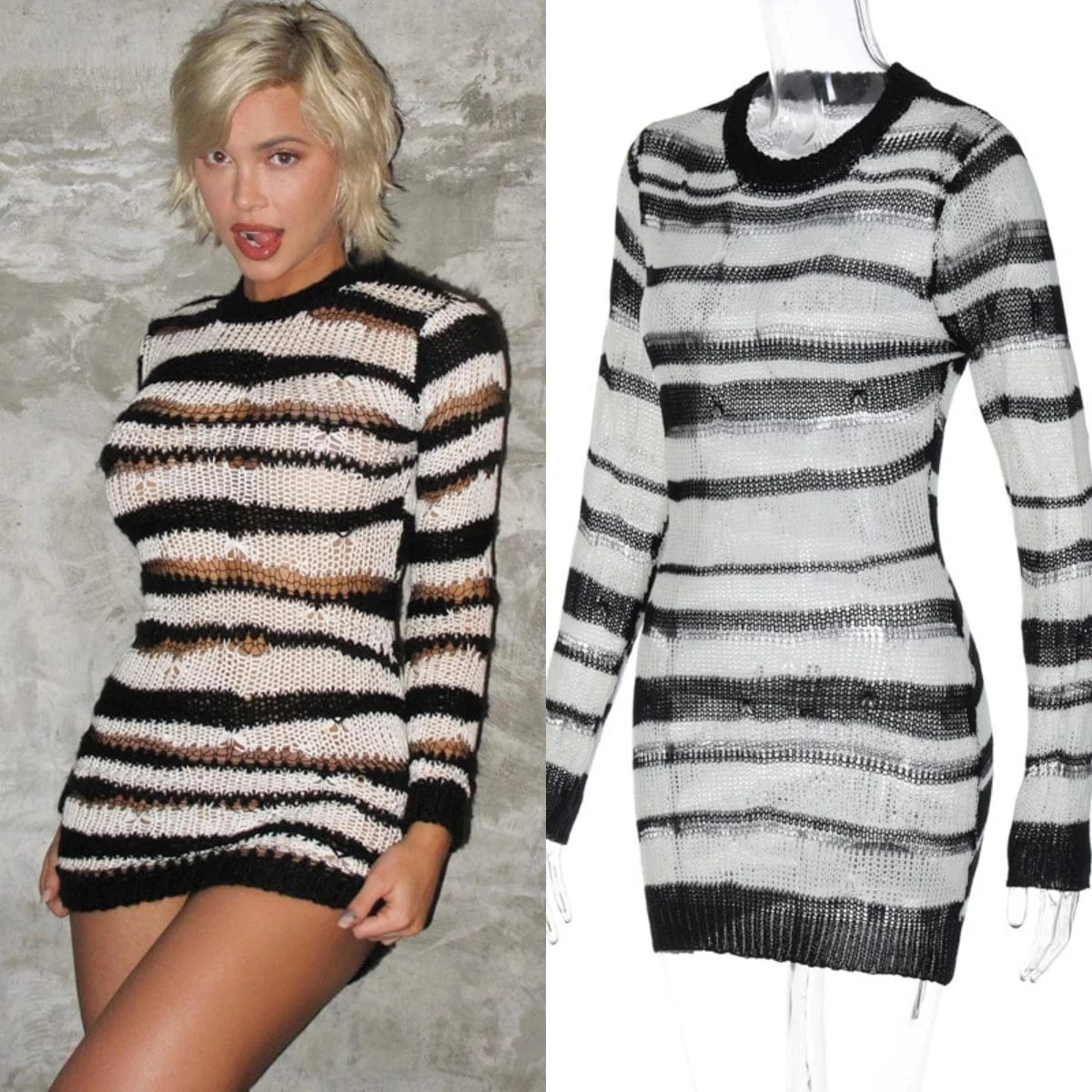 D3713481w Sexy Fall Graceful Women's Knitting Dress Sweater New O-neck Long-sleeved Striped Wrap Dress For Lady Women