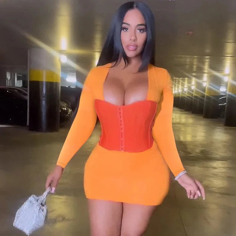 D3914229w Fashion Autumn New Women's Mini Dress Contrast Color Patchwork Breasted Dress Street Wear Sexy Dress For Women