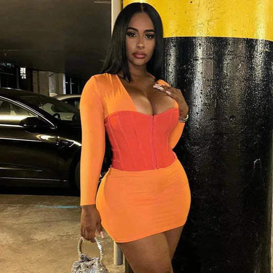 D3914229w Fashion Autumn New Women's Mini Dress Contrast Color Patchwork Breasted Dress Street Wear Sexy Dress For Women