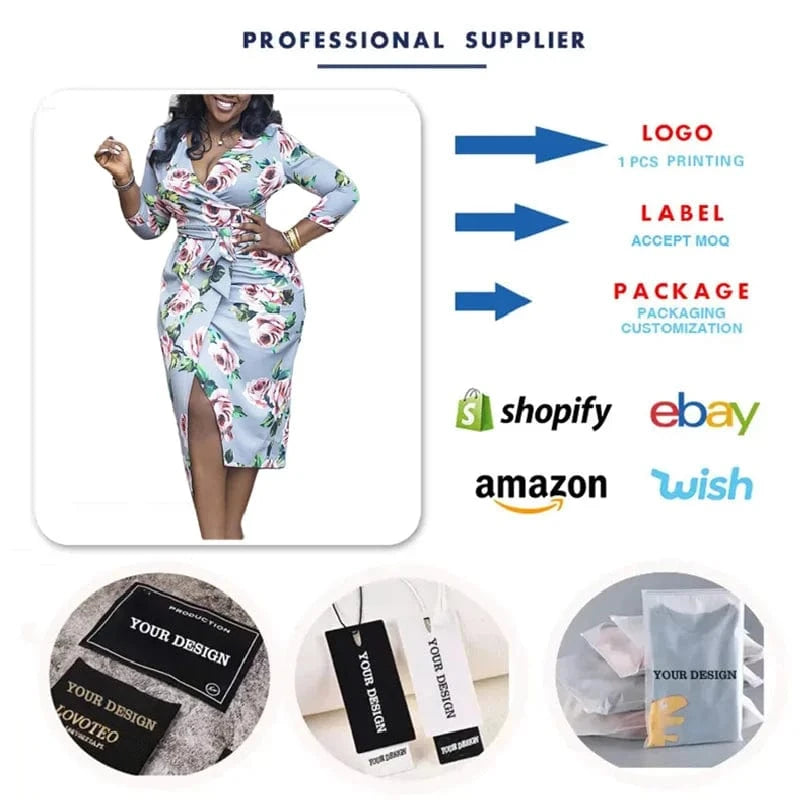 D425 Latest Design Printed Dress V-Neck Strap Wrap Hip Ladies Office Dress Elegant African Dresses For Women Clothing