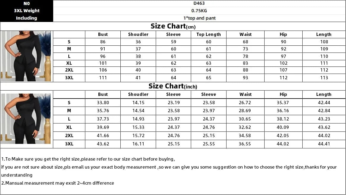 D463 Latest Design Outfits For Women Elegant Diagonal Shoulder Single Long Sleeve Beaded Top And Pants Set For Women Two Pieces