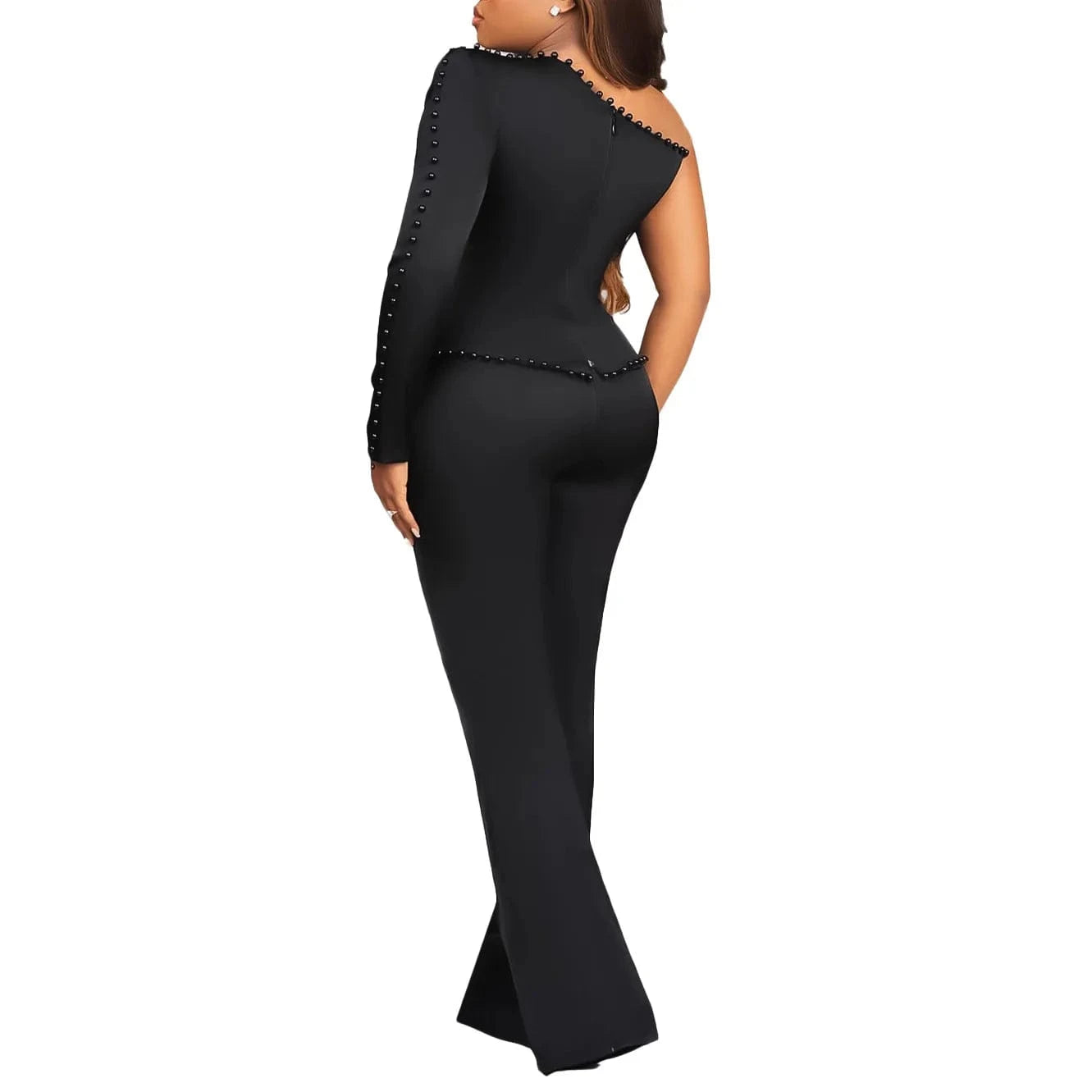 D463 Latest Design Outfits For Women Elegant Diagonal Shoulder Single Long Sleeve Beaded Top And Pants Set For Women Two Pieces