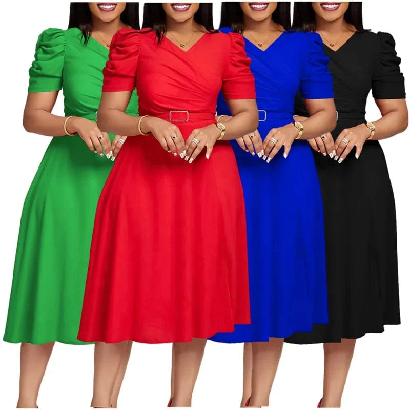 D490 Latest Design Elegant Summer Dress For Women Short Sleeve V-neck Ruched A-line Ladies Office Dresses Women Casual Dresses
