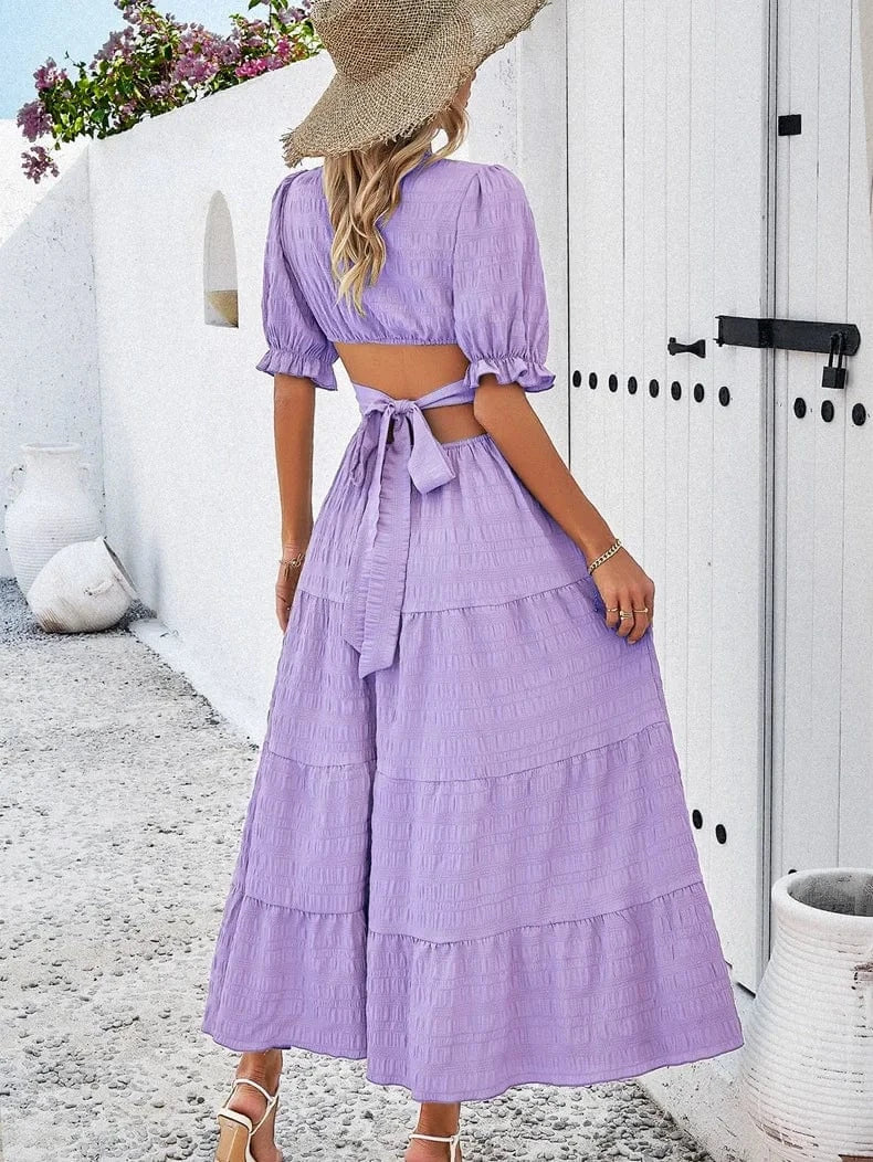 D722 Ladies Elegant Clothing V Neck Tie Back Spaghetti Strap Beach Dresses Puff Short Sleeve Women's 2024 Floral Summer Natural