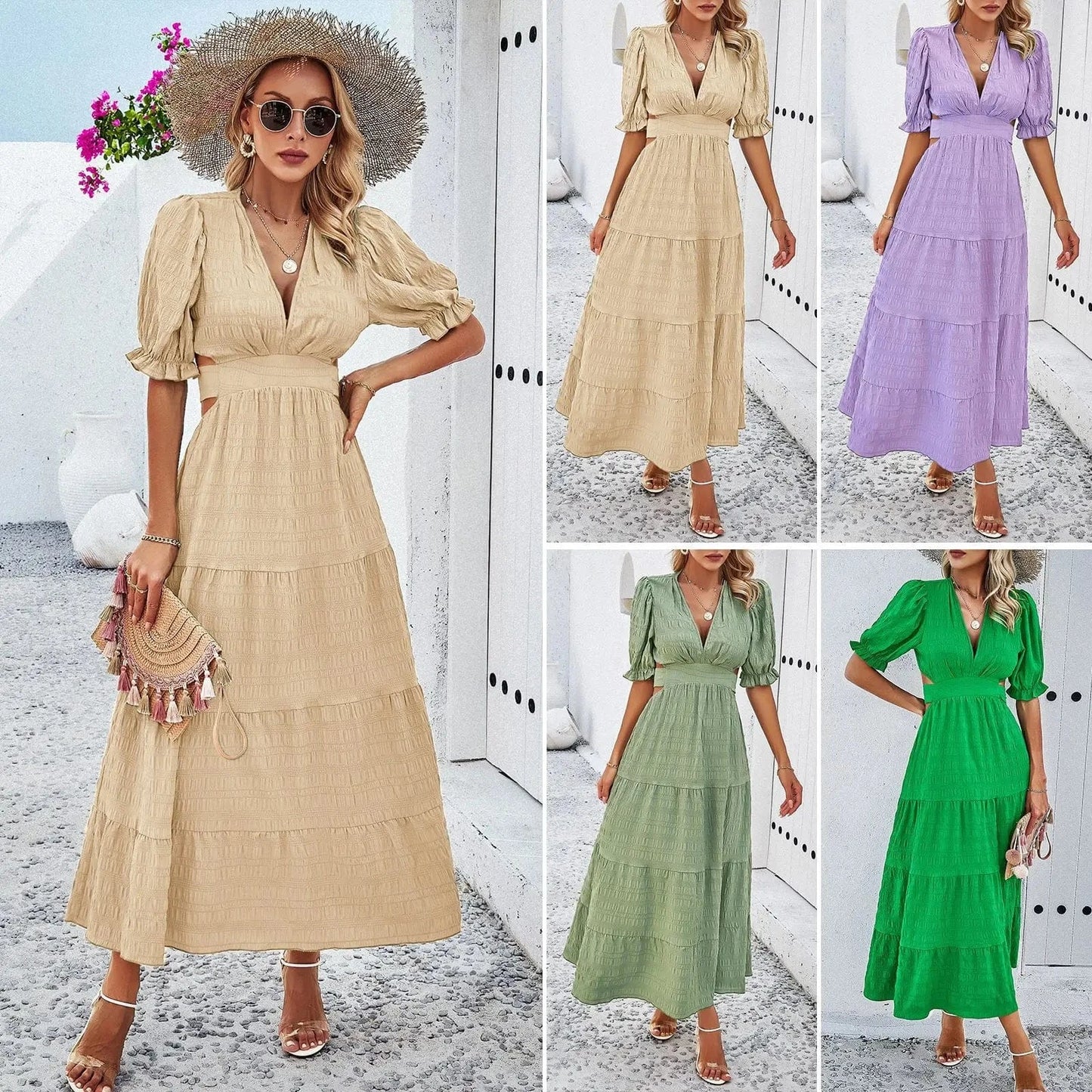 D722 Ladies Elegant Clothing V Neck Tie Back Spaghetti Strap Beach Dresses Puff Short Sleeve Women's 2024 Floral Summer Natural