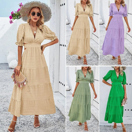 D722 Ladies Elegant Clothing V Neck Tie Back Spaghetti Strap Beach Dresses Puff Short Sleeve Women's 2024 Floral Summer Natural