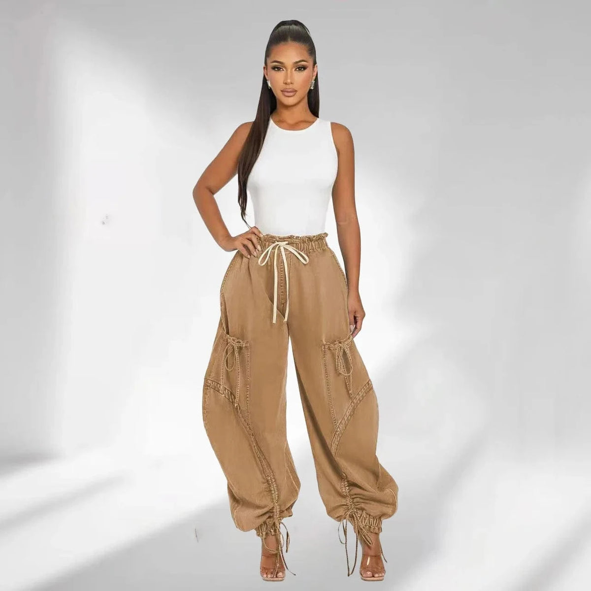 D8708-2 / S Lace Up Wide Leg Jeans Cargo Pants Sexy Women High Waist Elegant Streetwear Denim Loose Trousers