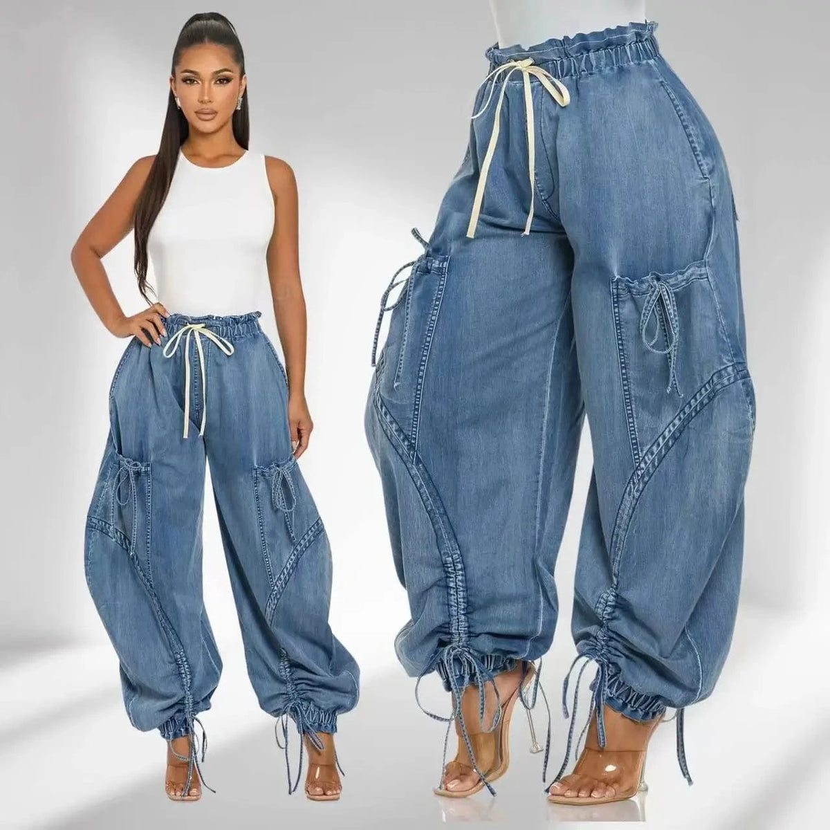 D8708 / XXL Lace Up Wide Leg Jeans Cargo Pants Sexy Women High Waist Elegant Streetwear Denim Loose Trousers