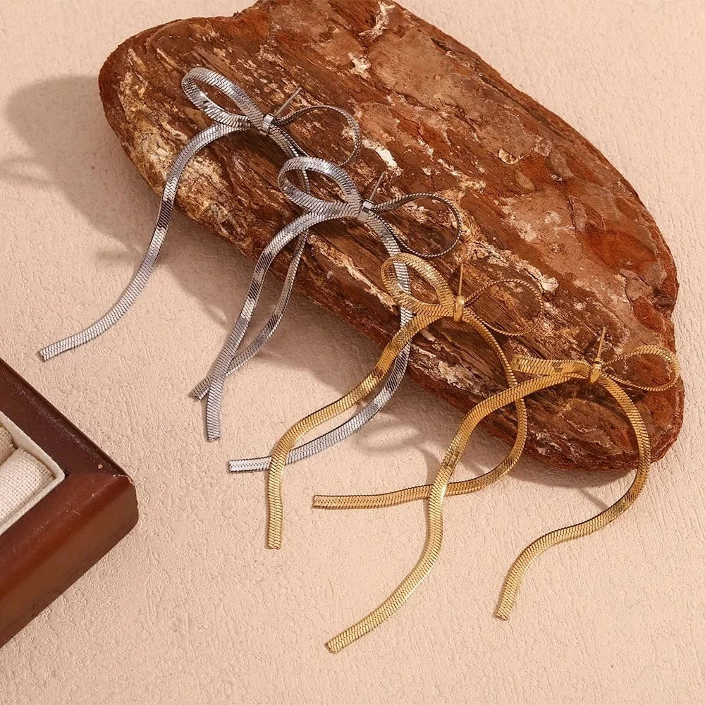 Dainty Gold Plated Snake Chain Bow Stud Earrings Stainless Steel Titanium Jewelry Gift For Girls