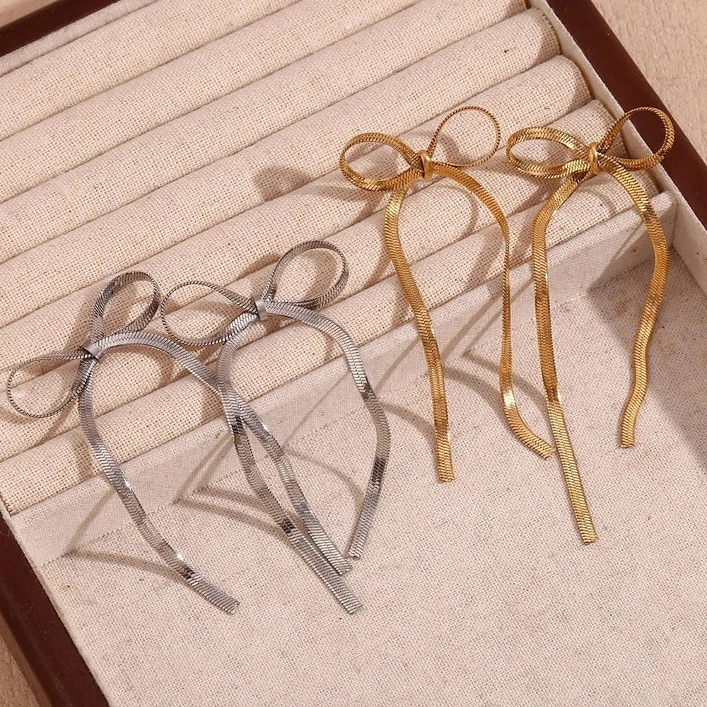 Dainty Gold Plated Snake Chain Bow Stud Earrings Stainless Steel Titanium Jewelry Gift For Girls