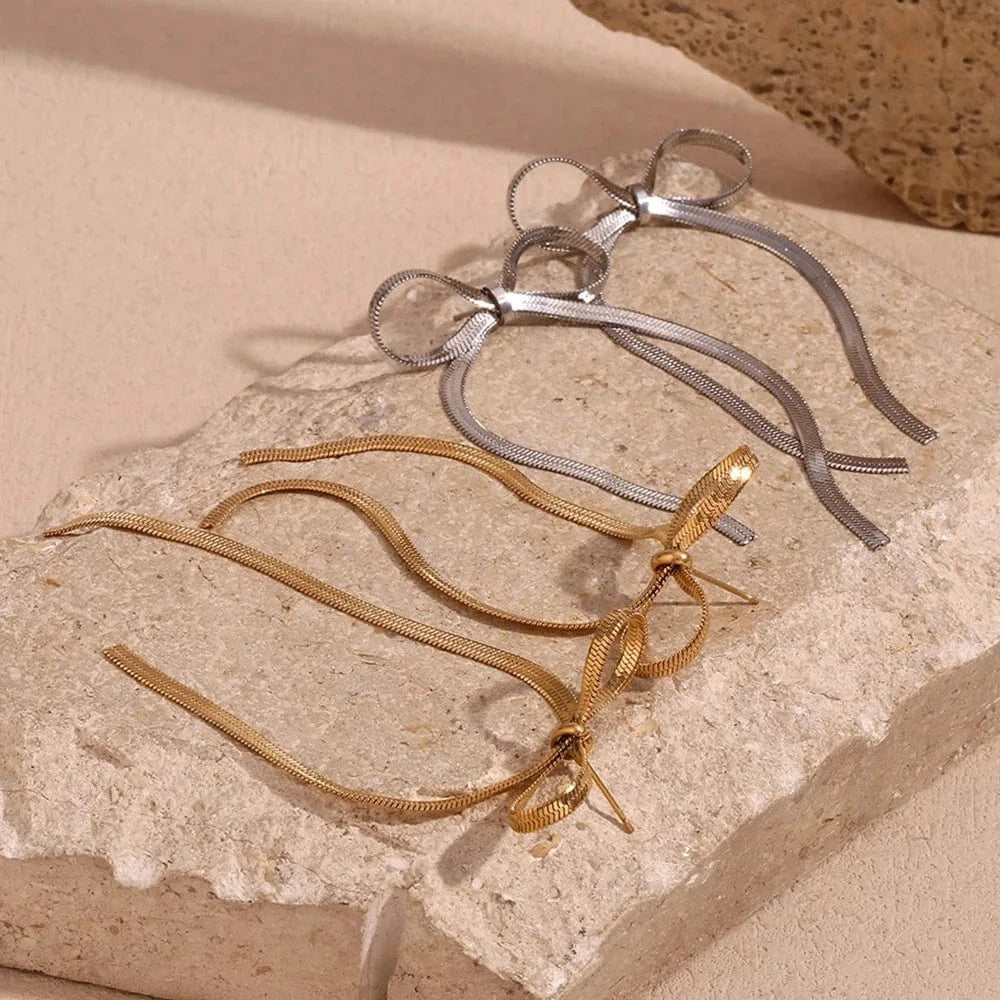 Dainty Gold Plated Snake Chain Bow Stud Earrings Stainless Steel Titanium Jewelry Gift For Girls