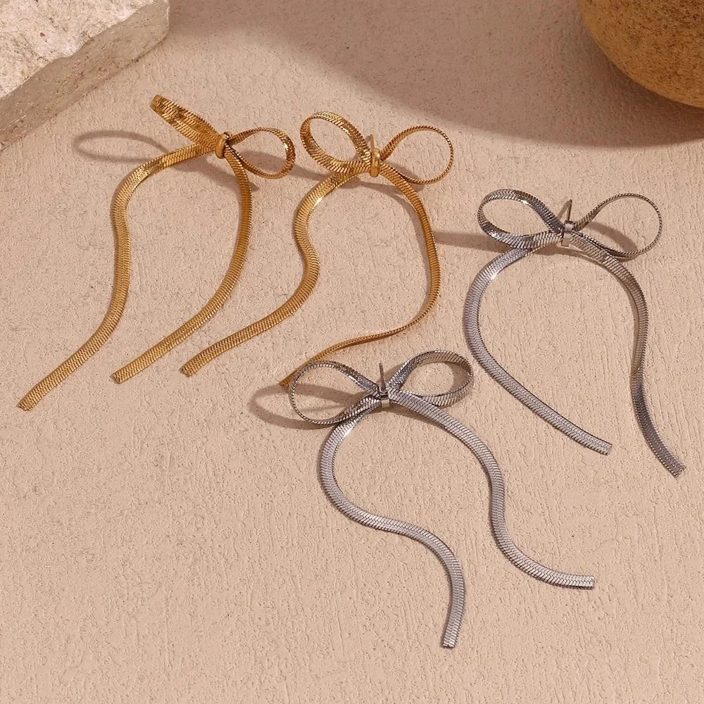 Dainty Gold Plated Snake Chain Bow Stud Earrings Stainless Steel Titanium Jewelry Gift For Girls