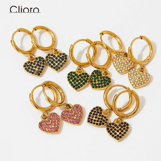 Dainty Heart Pendant Paved Colorful Full Zircon Drop Hoop Earring Stainless Steel New Charm Earrings 2024 For Women