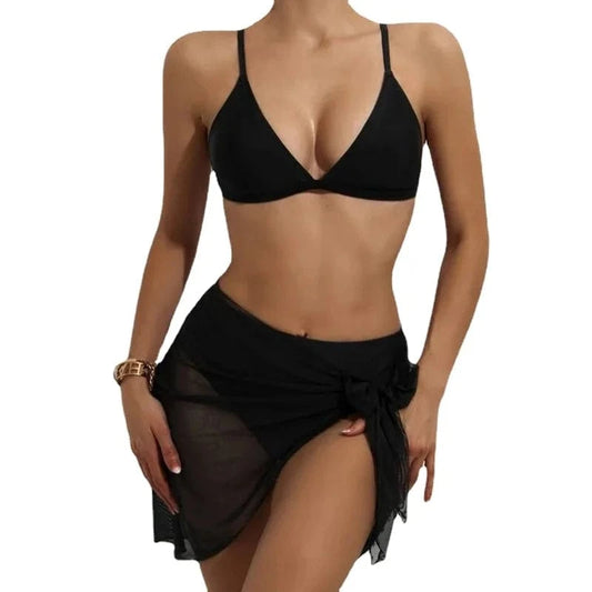 DAMOCHIC 2022 Drop Shipping New Style Three Pieces Swimwear Black Bikini Set with Cover Ups 3 Piece Swimsuit for Women Swim Suit