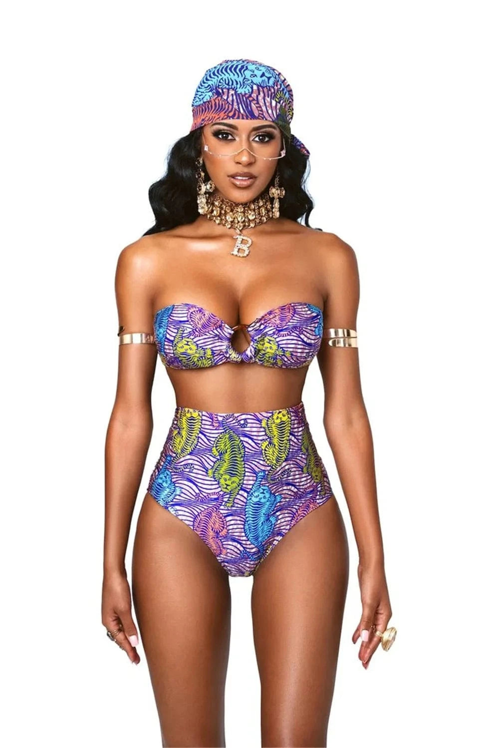 DAMOCHIC 2022 High Waisted African Print Swimwear Bandeau Bikinis for Women Fashion Strapless Swimsuit Push Up Cup Wholesale