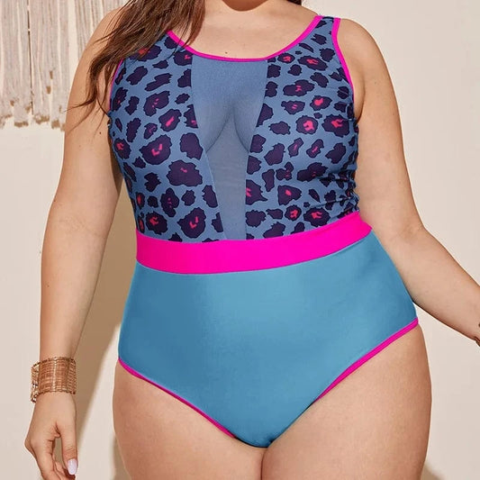 DAMOCHIC 2023 Fashion Design Plus Size Swimwear Fat Women Sexy One-Piece Bikini Tummy Control Leopard Print Mesh Large Swimsuit