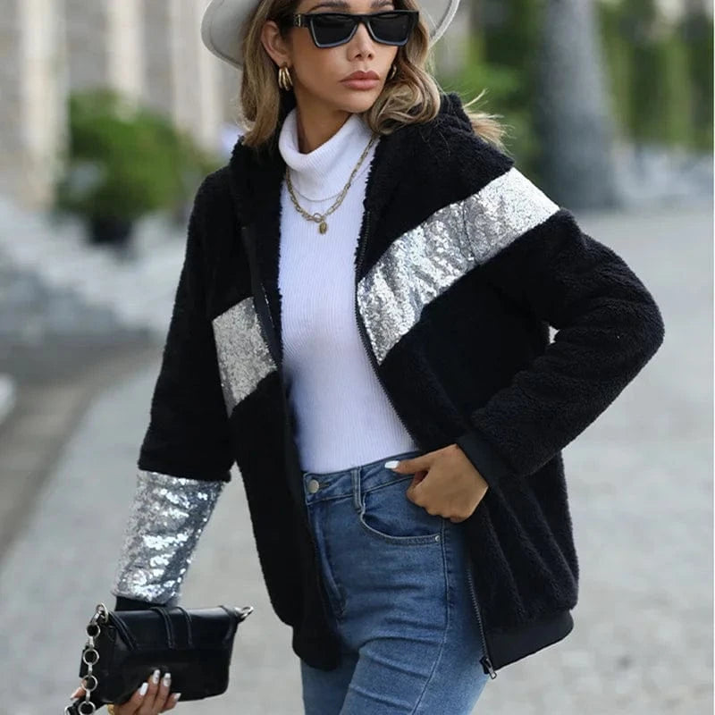 DAMOCHIC 2023 New Women Winter Warm Faux Fur Coat Women Sequin Patchwork Overcoat Hooded Jackets Warm Female