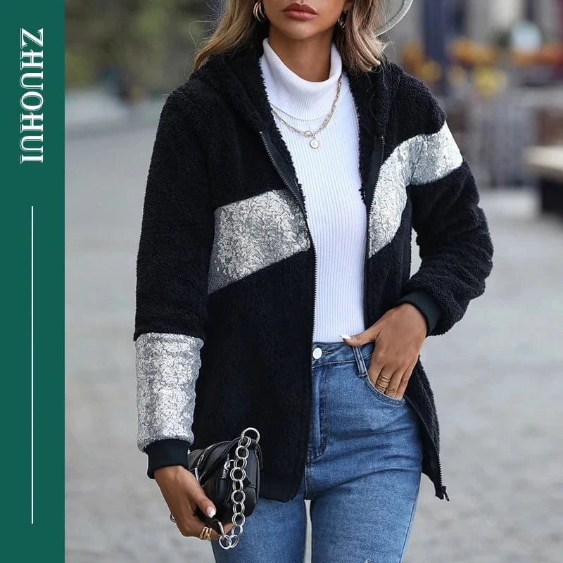 DAMOCHIC 2023 New Women Winter Warm Faux Fur Coat Women Sequin Patchwork Overcoat Hooded Jackets Warm Female