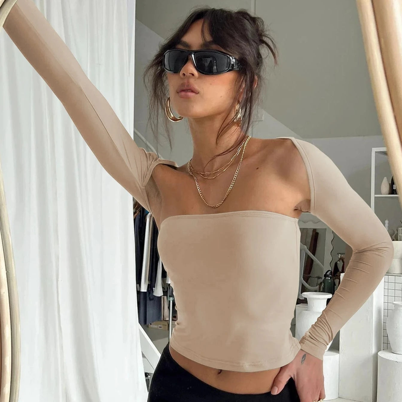 DAMOCHIC Basic T-Shirts Sexy Strapless Top and Long Sleeve Cover-Up Two Piece Mujer Seamless Solid Color Slim Fit Y2K Tops Women