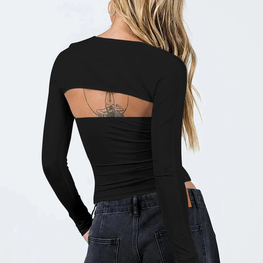 DAMOCHIC Basic T-Shirts Sexy Strapless Top and Long Sleeve Cover-Up Two Piece Mujer Seamless Solid Color Slim Fit Y2K Tops Women