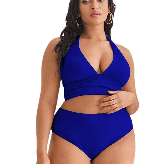 DAMOCHIC Big Bust Swimwear Sets Halter Neck Plus Size Women Swimsuit Solid Color Support Large Breast Bikinis High Waist 2023