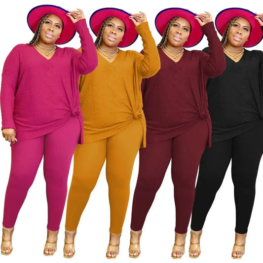 DAMOCHIC Big Women Clothing Spring Sets Autumn Solid Color Long Sleeve Winter Two Piece Set Knit Plus Size Women's Suit 2023